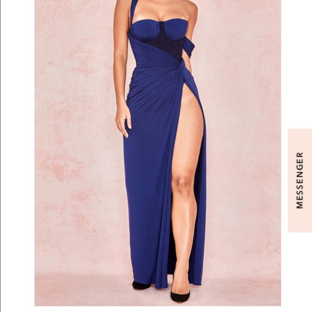 House of CB Royal Blue One-Shoulder High-Slit Gown
